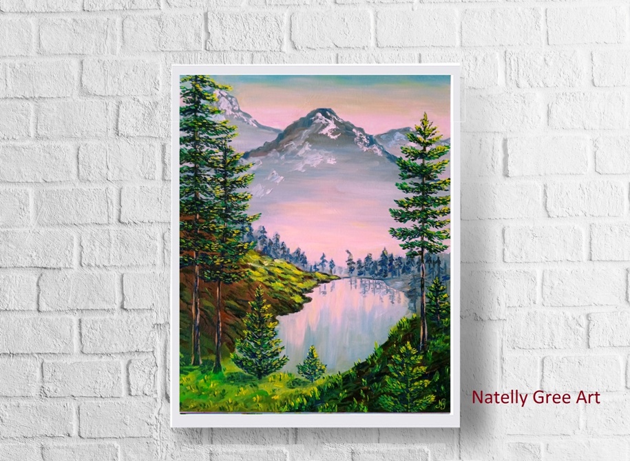 Mountains Lake Trees Oil Painting Original Art Canvas Fine Art Landscape  Painting
